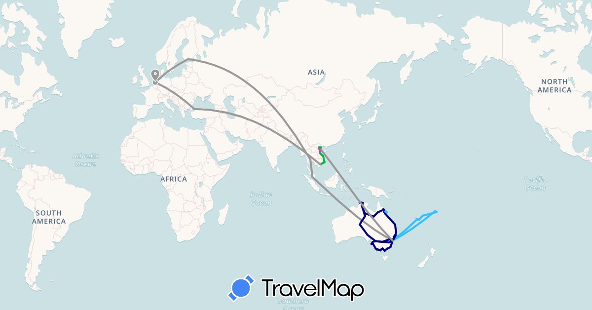 TravelMap itinerary: driving, bus, plane, train, boat in Australia, Finland, Fiji, Malaysia, New Caledonia, Netherlands, Thailand, Turkey, Vietnam, Vanuatu (Asia, Europe, Oceania)